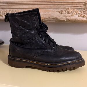 Dr. Martens Black Leather Lace-Up Combat Boots with Yellow Stitching